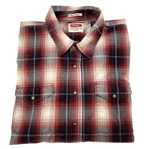 Wrangler Western Cowboy Red Blue Gray Plaid Pearl Snap Long Sleeve Shirt 2XL